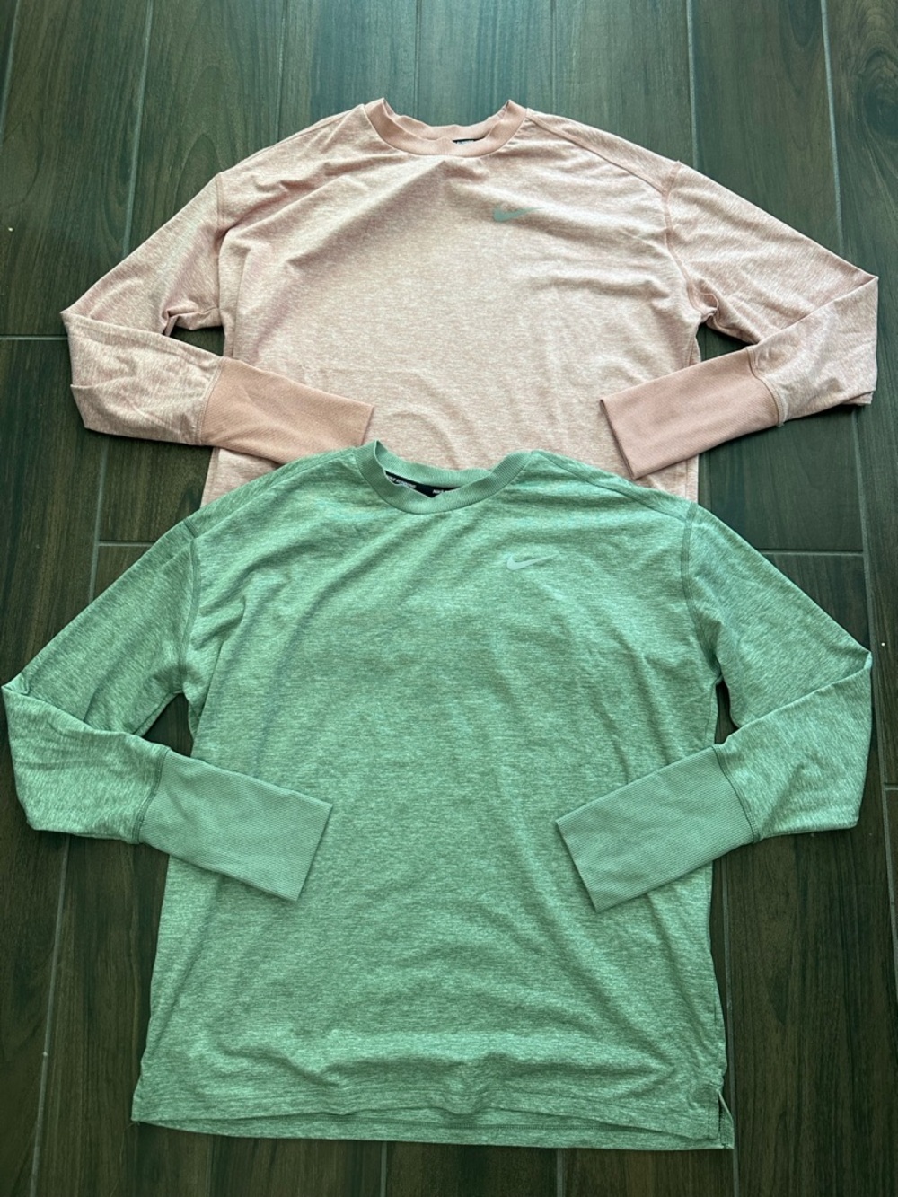 Nike Running women’s Long Sleeve Dri-Fit shirts Pink and Green super soft L duo